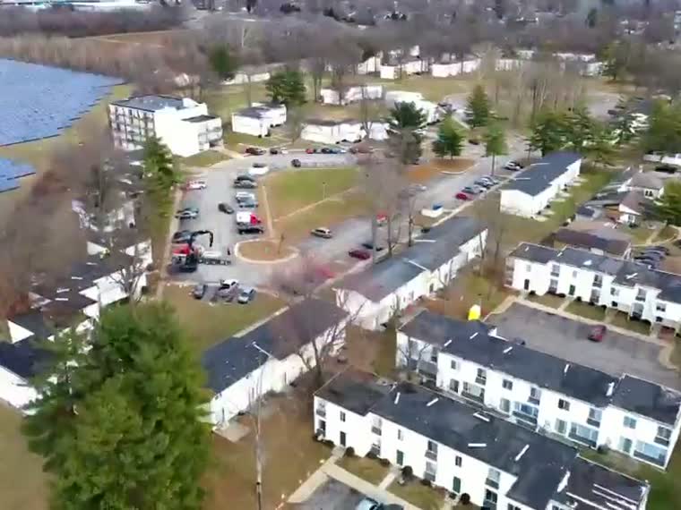 Aerial over a townhouse community.
