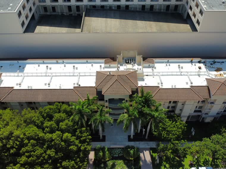 Roof plane and parapet on a multi-storey residential building.